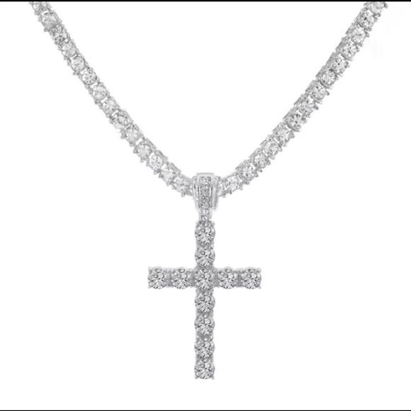 Cross Pendant Necklace with 4mm Tennis Chain Iced  Necklace Jewelry Silver chain - Picture 5 of 8